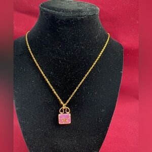 Upcycled and Stamped Necklace with Iconic Handbag Pink Rhinestones Charm.